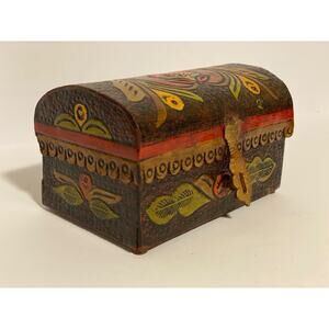 Vintage Tooled Leather Domed Jewelry Trinket Treasure Box Hand Painted